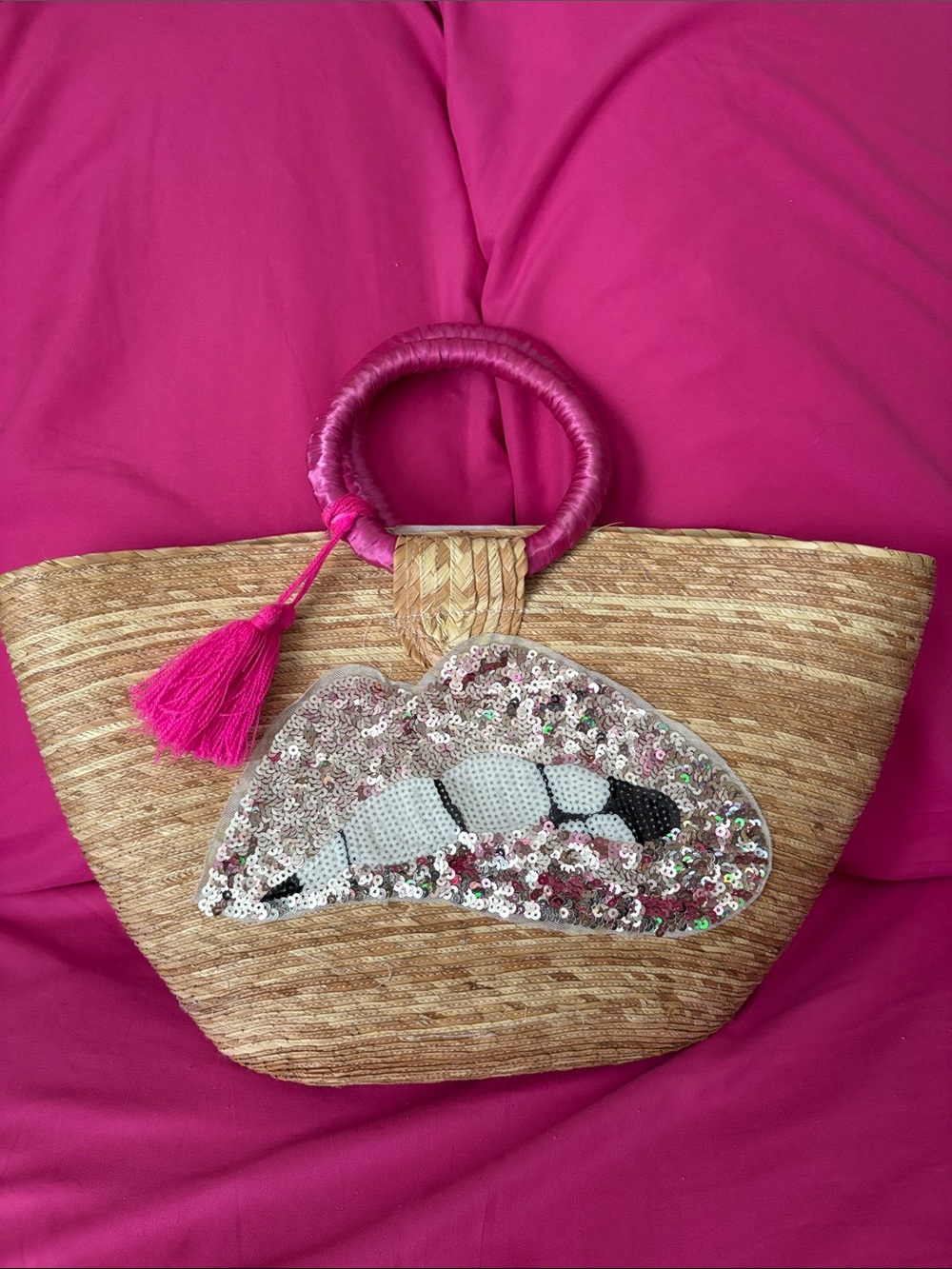 Straw Tote Bag with Pink Handle and Sequin Accent